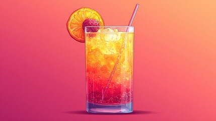 A vibrant cocktail in a glass, garnished with a slice of orange, sits against a colorful background, showcasing refreshing summer vibes.