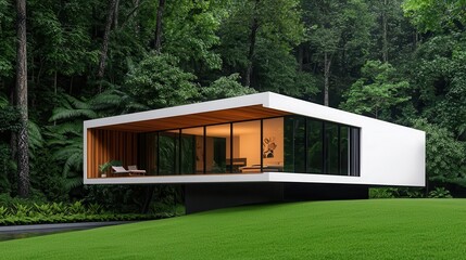 Glasswalled estate surrounded by a private forest, hidden sanctuary