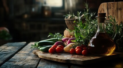 Rustic Scene with Fresh Vegetables and Olive Oil - 3 Standard