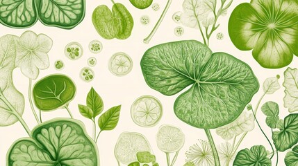 Illustration of green leaves and plant cells for scientific reference.