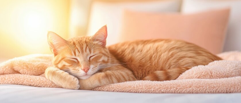 A peaceful orange cat sleeps on a soft blanket, basking in warm sunlight on a cozy bed.
