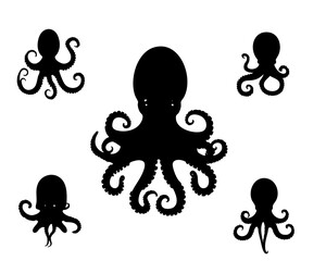A set of high-quality black and white vector octopus illustrations, intricately drawn in a woodcut engraving 