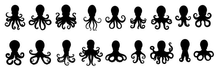 A collection of vintage-style black and white octopus vector illustrations, created in an old-fashioned woodcut engraving style.