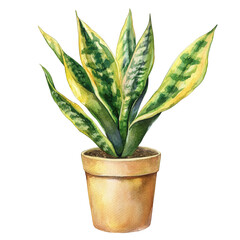 Watercolor art of snake plant in pot, showcasing vibrant green and yellow leaves. This beautiful illustration adds touch of nature to any space