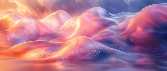 Obraz premium A surreal landscape featuring undulating, colorful hills with a soft, dreamy appearance, illuminated by warm, ethereal light.