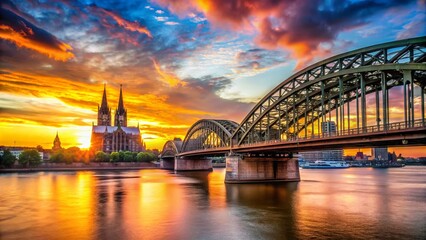 Fototapeta premium Cologne Rhine River Bridge Silhouette at Sunset - Dramatic Stock Photo