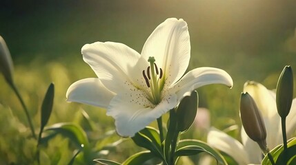 Obraz premium White lily blooms sunset garden background