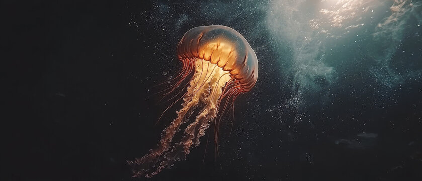 Orange jellyfish floats in dark, starry ocean