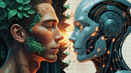 Futuristic concept of a conflict and war between human consciousness and artificial intelligence. Deep emotions and organic atmosphere. Fusion of biology, science, and technology.