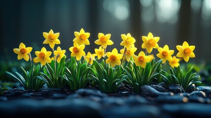Daffodils and narcissus bloom as new life emerges, sprouting vibrant green petals amidst the awakening of spring.