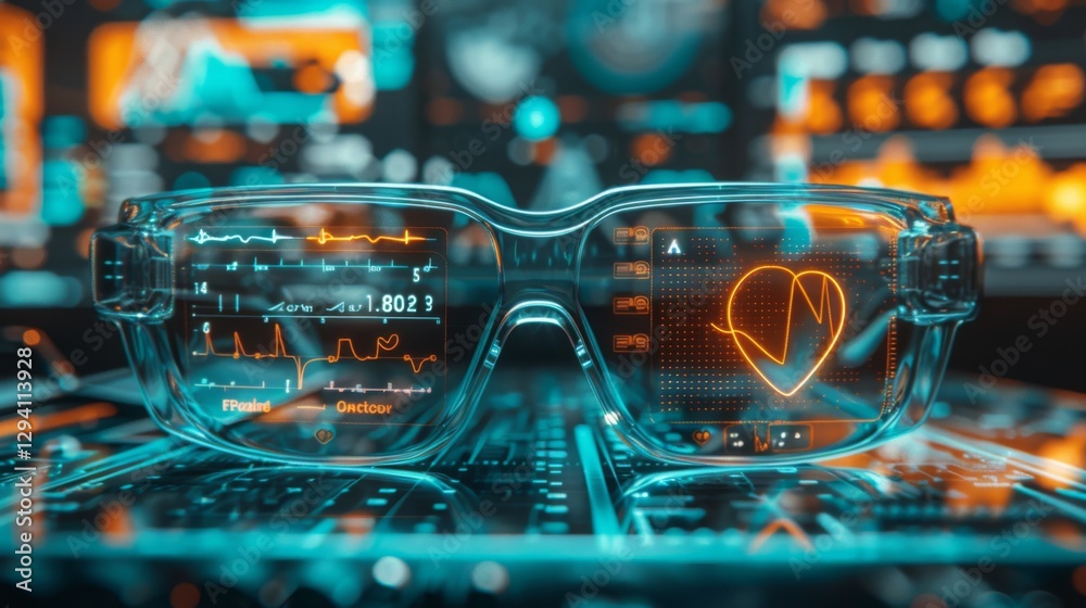 Poster Advanced smart glasses show real time health metrics alongside digital data analysis in a modern tech workspace filled with vibrant screens and health graphs.