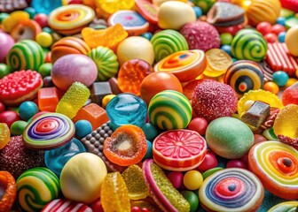 Fototapeta premium Colorful Candy Pile: Sweet Treats, Vibrant Confectionery, Gummy Candies, Sugar Rush, Dessert Background