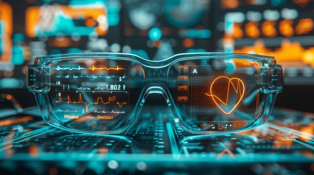 Advanced smart glasses show real time health metrics alongside digital data analysis in a modern tech workspace filled with vibrant screens and health graphs.