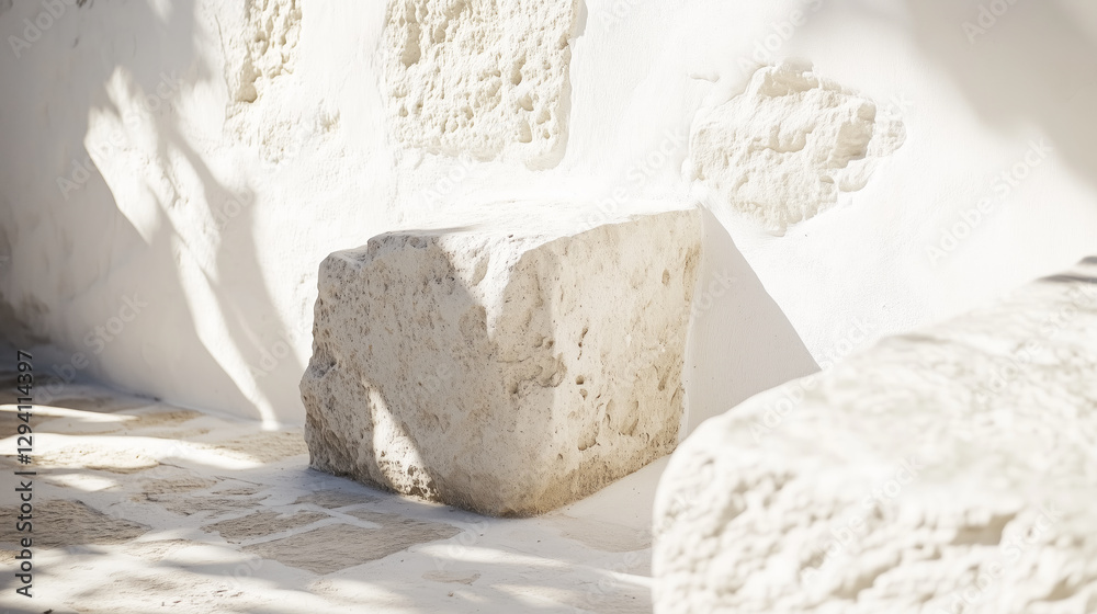 Poster white stone empty abstract background display design stage podium room with sunlight and shadows