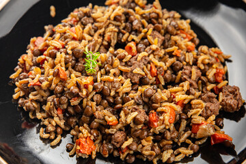 Rice lentil and vegetables snack fresh tasty food dish vegetarian vegan food no meat delicious gourmet food background on the table rustic food top view copy space keto and paleo diet