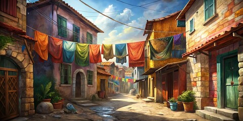 Fototapeta premium Colorful Clothes Hanging on Village Street - Authentic Rural Fashion