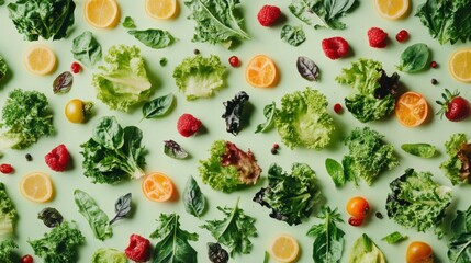 Creative Flat Lay of Colorful Salads with Fresh Greens
