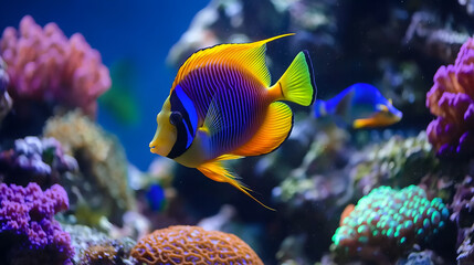 A vibrant coral reef teeming with colorful fish and marine life.