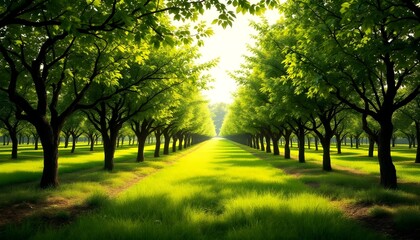 Lush green orchard, sunlit tree-lined path, vibrant grass, symmetrical rows of trees, golden hour lighting