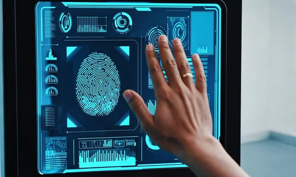 Fingerprint authentication on a digital screen with hand, futurist, technology concept.