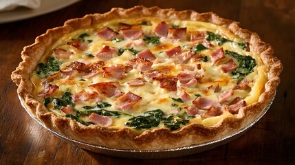 A quiche with ham, cheese, and spinach, baked to perfection, placed on a rustic wooden surface