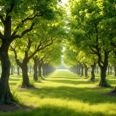 Naklejka premium Lush green orchard, sunlit tree-lined path, vibrant grass, symmetrical rows of trees, golden hour lighting