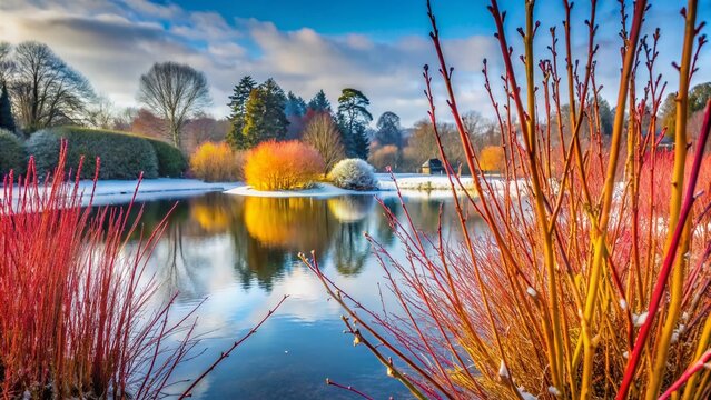 Colorful Dogwood Stems Winter Lake RHS Wisley Surrey UK Garden