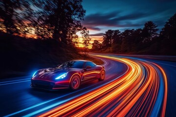 Image generative ai powerful acceleration of futuristic sports supercar on neon night highway track with colorful lights and trails