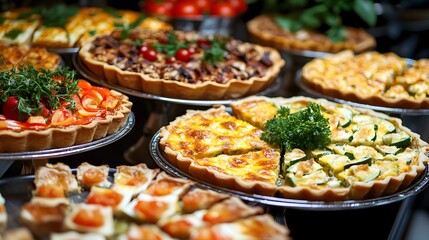 Obraz premium An assortment of quiches with various fillings, arranged beautifully for a catering event.