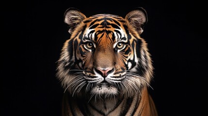 Fototapeta premium Majestic tiger portrait against a black background, showcasing its fierce gaze and striking patterns.