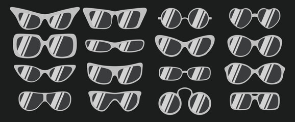 Flat Vector Sunglasses Set. Stylish Summer Eyewear Collection with Various Frames and Colors. Modern Trendy Glasses for Beach, Fashion, and Sun Protection