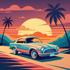 Summer Paradise California vintage poster. Retro car on the beach.