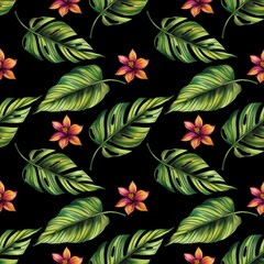 Monstera and Jungle Leaves with Flowers Seamless Pattern on Black Background © Khrystyna Turchyn