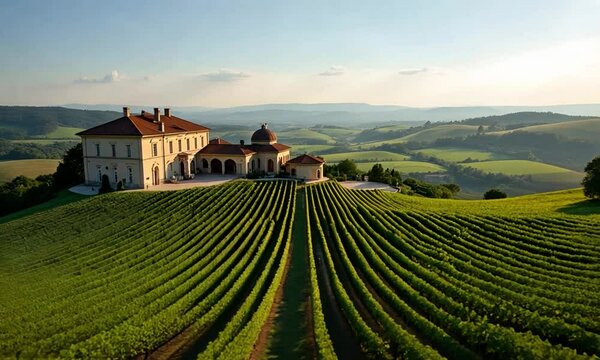 Beautiful vineyard estate on rolling green hills at sunset