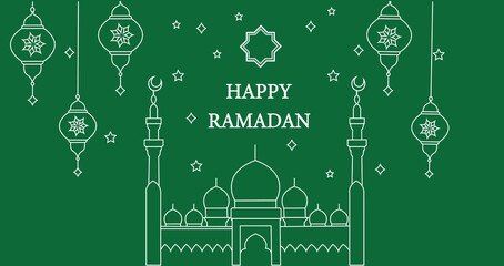 Ramadan 2025 Crescent Moon and Stars Vector Illustration – Islamic Festive Design with Hanging Lanterns and Ornaments on Transparent Background.