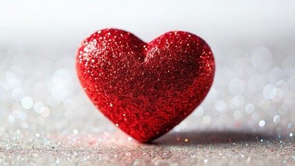 Obraz premium Macro Red Glitter Heart, Valentine's Day, Isolated White Background Stock Photo