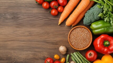 Fresh Organic Vegetables and Ingredients on Natural Wood Background