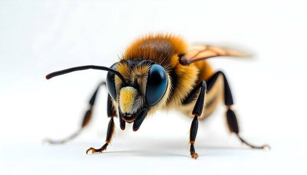Un primer plano hiperrealista de una abeja sobre un fondo blanco, que muestra detalles intrincados