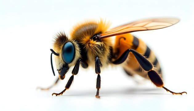 Un primer plano hiperrealista de una abeja sobre un fondo blanco, que muestra detalles intrincados
