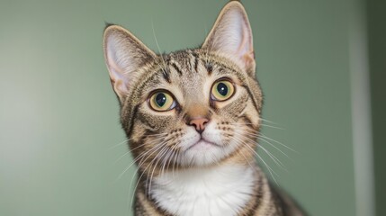 Curious cat with striking green eyes poses against soft green ba