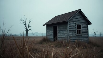 Fototapeta premium A weathered gray wooden shack stands alone in a desolate, dry field, shadowed by leafless trees under a pale sky, hinting at forgotten stories and quiet solitude.