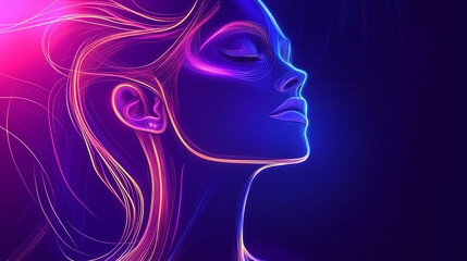 Dreamlike Woman's Side Profile Illuminated by Vibrant Neon Colors Against a Dark Background, Evoking a Futuristic and Ethereal Visual.