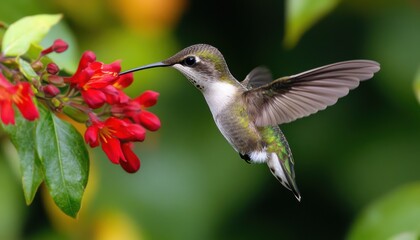 Fototapeta premium A vibrant hummingbird hovering near red flowers in a lush green background.