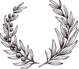 Obraz premium PNG Laurel Motif, floral wreath symbol. A wreath with leaves and a symbol for the winner of the contest. Outline olive branch. Hand drawn black and white line art, Illustration drawing, leaf engraving
