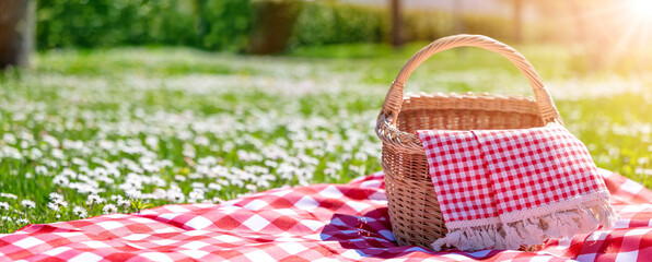 Checkered duvet lying on the fresh green grass and wicker picnic basket standing on it.