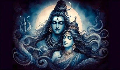 Sacred Bond of Shiva and Parvati – Ethereal Blue Spiritual Artwork