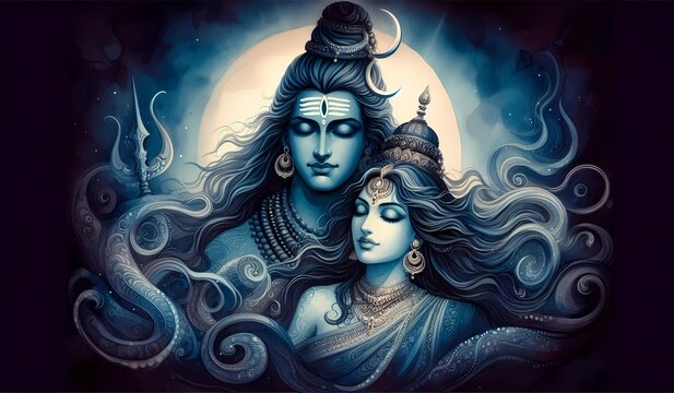 Sacred Bond of Shiva and Parvati &ndash; Ethereal Blue Spiritual Artwork