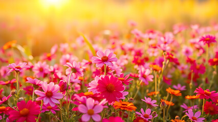 Obraz premium Beautiful pink flowers blooming in a field at sunset, symbolizing nature, beauty, tranquility, and the peacefulness of summer evenings outdoors.