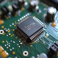 Close-up of a microchip on a green circuit board, showcasing intricate details and modern technology.