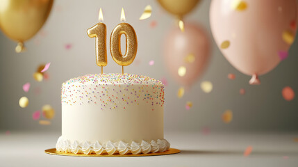 Birthday celebration with a decorated cake, balloons, confetti and number ten candle. Tenth anniversary concept